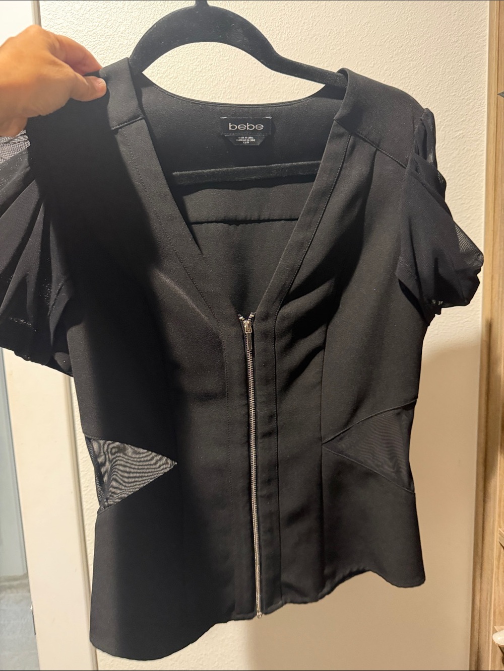 bebe Black Short Sleeve Zip-Front Blouse with Mesh Insets